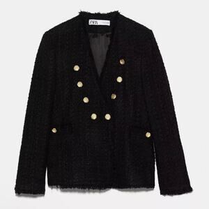 Zara Black Tweed Double Breasted Blazer Influencer Fave Gold Buttons Size Small
